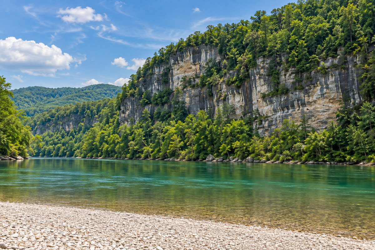 Ozark Mountain hardwood forest and limestone bluffs above a river in northern Arkansas