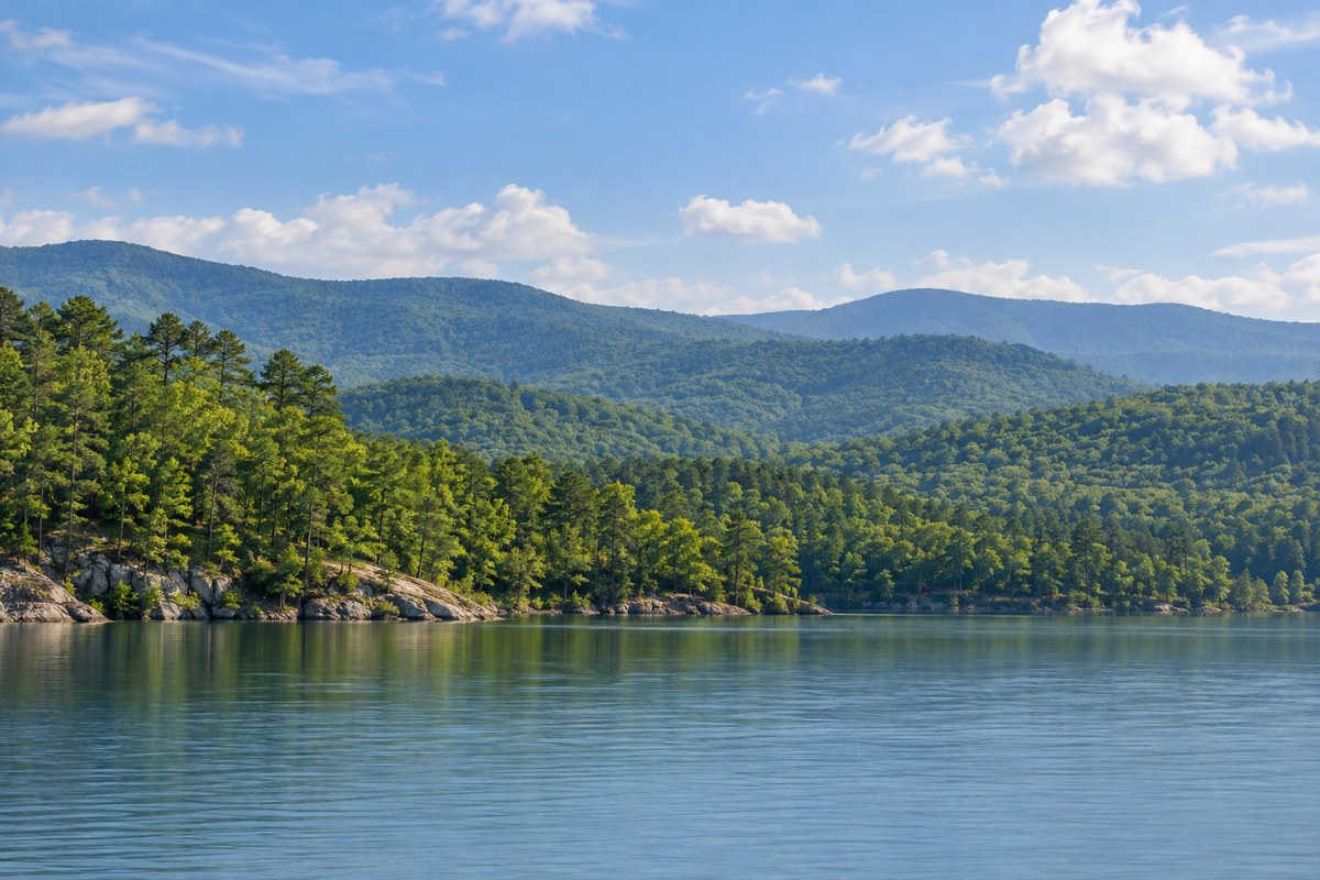 Forested ridges of the Ouachita Mountains above a lake near Hot Springs, Arkansas